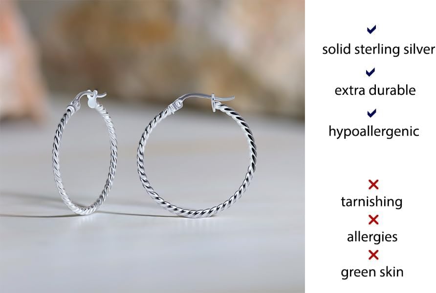 Hoops & Loops 925 Sterling Silver Twist Rope Round Hoop Earrings for Women, 15mm 20mm 25mm 30mm 35mm Silver, Yellow Gold, Rose Gold - Image 2