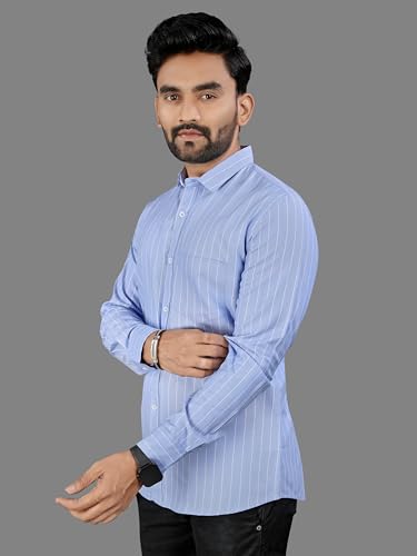 Image of MILDIN Men's Pure Cotton Striped Printed Shirt with Spread Collared Neck Full Sleeve Curved Hemline Button Closure and Regular Fit | Shirt for Man