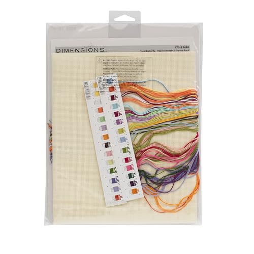 Image of Dimensions 70-35448 Floral Butterfly Counted Cross Stitch Kit, 10 inch x 13 inch, 14 Cnt. Ivory Aida, 4 Pieces