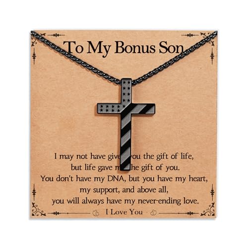 ESPVO Bonus Son Gifts Valentines Gifts Him Cross Necklace for Boys Teen Teenage Kids Black Chains Pendant Christian Religious Birthday Baptism Christmas