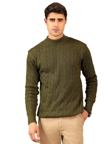 Image of Kvetoo Men's High Neck Cable Knit Sweater | Winter Pullover | Warm Wool Blend |Casual Full Sleeve Sweater for Men | Stylish Ribbed Neck Slim Fit Winterwear