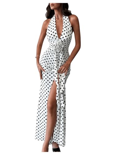 WDIRARA Women's Polka Dots Halter Dress High Split Deep V Neck Backless Bodycon Maxi 3D Flower Dresses