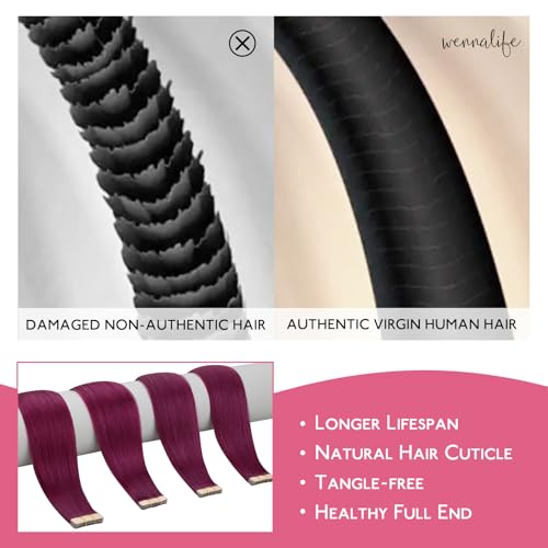 Image of WENNALIFE Tape in Hair Extensions Human Hair Light Burgundy Tape in Extensions, 10pcs 25g 16 inch Remy Invisible Tape Ins Straight Colored Soft Real Human Hair Tape in Extensions Refill Set Extensions