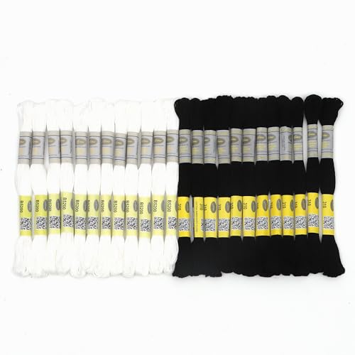 Image of Double Mercerized Egyptian Cotton Embroidery Floss 8.75 Yards Per Skein for Cross Stitch Thread, Friendship Bracelets Floss, Craft Floss (Set White and Black (24 Skeins))