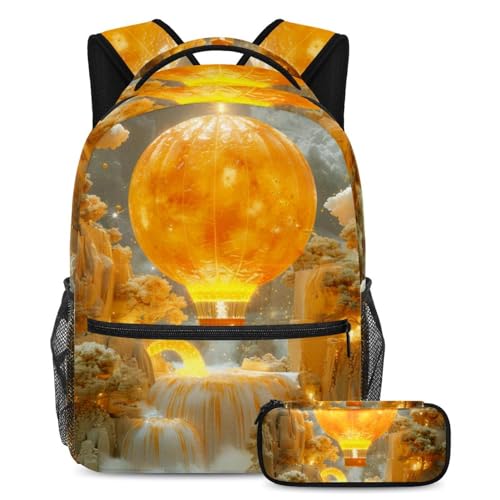 Cartable jaune montgolfière avec trousse scolaire pour ado et enfant