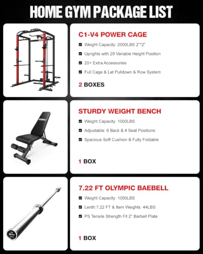 Image of C1-V4 Power Cage, 2000LBS Squat Rack with LAT Pulldown, Multi-Function Weight Cage Strength Training Machine, Workout Cage with More Attachments for Home Gym Garage