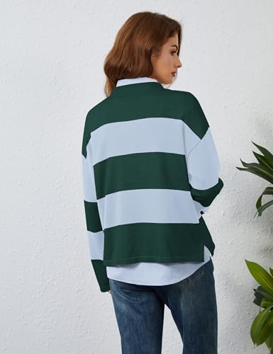 Image of Womens Striped Sweater Rugby Polo Shirts Y2k Collar Pullover Tops | Rugby Shirt,Long Sleeve Knit Top,Lapel V Neck Jumper,Oversized,Casual Outings Streetwear,Preppy Sweater,Fall Winter Clothes