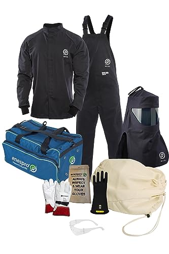 Enespro ArcGuard, CAT 4, 40 Cal Arc Flash Kit with FR Short Coat and Bib Overall, Standard Hood, Safety Glasses, and Gear Bag, Medium, Glove Size 12, KIT4SC40MD12