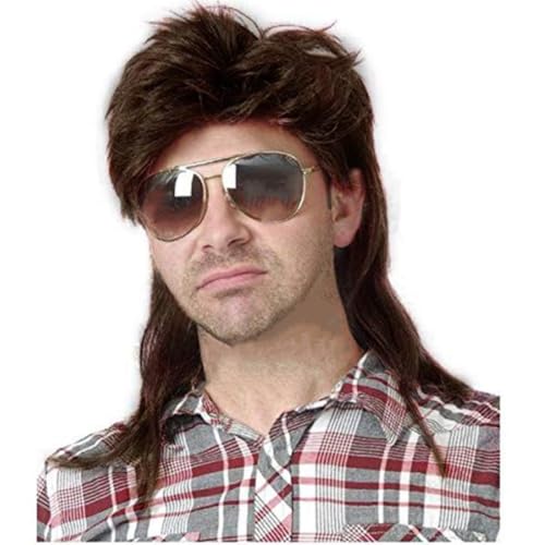 Image of Swiking Mullet Wigs for Men Brown Replacement Wigs 70s 80s Curly Retro Disco Rocker Punk Fancy Natural Hair Party Cosplay Costume Mens Full Wigs