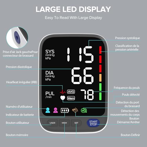 Tensiometre Bras, Tensiomètre à grand brassard (22-42 cm) pour le haut du bras, Écran LED extra-large 6,4" | Tensiometre bras professionnel avec Mémoire 2 x 120 | Moniteur de Fréquence Cardiaque – vue 3