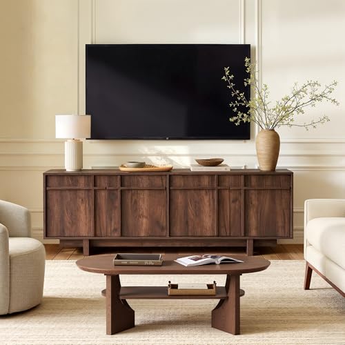Image of TV Stand for 75 Inch TV, Mid Century Modern TV Stand with Skeletal Lines Design, Wood Grain Finish, Media Console with Storage, 65.6 inch Entertainment Center for Living Room, Bedroom, Walnut
