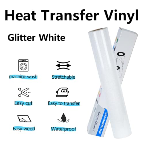 Image of guangyintong Glitter Heat Transfer Vinyl 12 inch x 25ft White Iron on Vinyl | Glitter HTV Vinyl Rolls for All Cutter Machine & for T Shirts - Easy to Cut & Weed for Heat Transfer Design