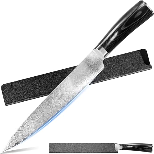 Image of XYJ 8 Inch Japanese Damascus Steel Chef Knife, Razor Sharp VG10 Core Damascus Knife Original, Full Tang Slicing Knife with Sheath, Durable Meat Cutting Knife for Kitchen Use