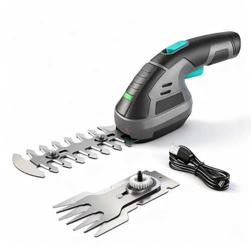 Ecobuild 8V Akku Heckenschere & Grasschere 2-in-1, Mini Gartenschere mit 2 Klingen, 2000mAh Lithium-Ionen Akku, Rasenkantenschere & Astschere für Hecken, Rasen und Garten