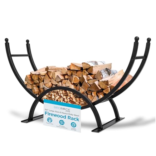 BIRDROCK HOME 50in Firewood Rack for Outdoor or Indoor Use | Fire Wood Log Storage Holder | Black Elevated Curved Design | Kindling Under Rack