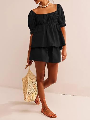 Image of Tankaneo Womens 2 Piece Outfits Summer Square Neck Short Puff Sleeve Babydoll Tops and Shorts Matching Set