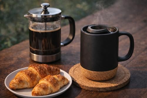 Image of Matte Black Ceramic Coffee Mug with Cork Base & Spill-Proof Lid | 350 ml Office & Home Coffee Cup | Mug for Hot & Cold | Anti-Slip Wood Bottom Tea for Desk, Travel & Gifting