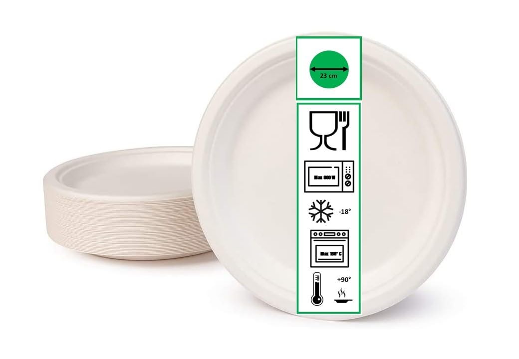 100/500 /1000 Piatti Piani Tondi diametro 23 cm Piatto carta bianco bagassa biodegradabile rigido monouso in fibra vegetale feste compleanni picnic eventi sagre (500)