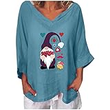 Valentinstag Langarmshirt Damen V-Ausschnitt Vintage Oberteile Leinen Dreiviertel Ärmel Loose Top Valentinstag Druck Loose Bequeme Tunika Bluse
