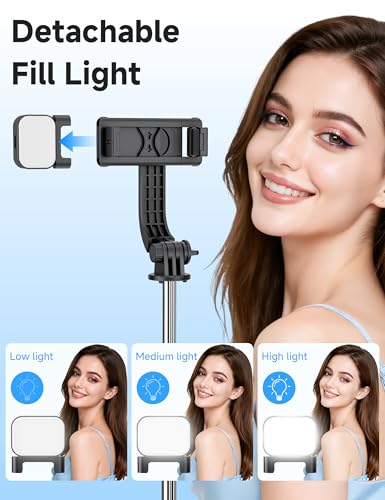 Image of Mini Selfie Stick Travel Tripod for Cell Phone with Light, Extendable Selfie Stick for iPhone with Detachable Remote, iPhone Tripod for Video Recording, Photograph, Compatible with Cellphones