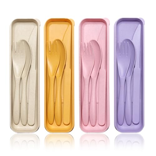 NVGVUP 4 Plastik Besteck Set, Mehrweg Reisebesteck mit Etui, Camping Besteck mit Löffel Messer Gabel, Tragbare Utensilien für Lunchbox,...