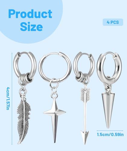 Image of 4 Men Earring Set, Stylish Earrings for Men, Boys and Women, Non Pierced Ear Studs, Hoop and Helix Earrings (Silvery)