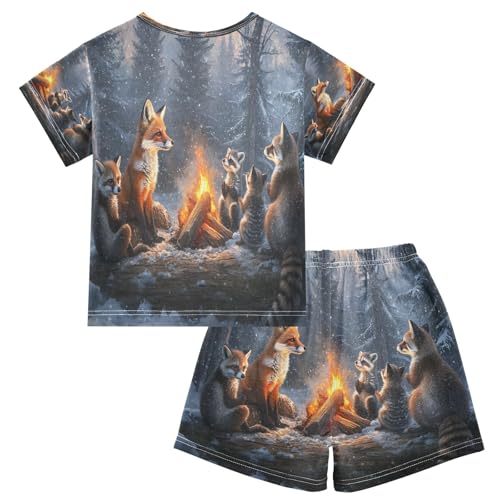 ALAZA Fox Raccoon Animal Winter Pajamas Set Short Sleeve Cotton Sleepwear Summer Pjs 2 Piece 5-14Y2