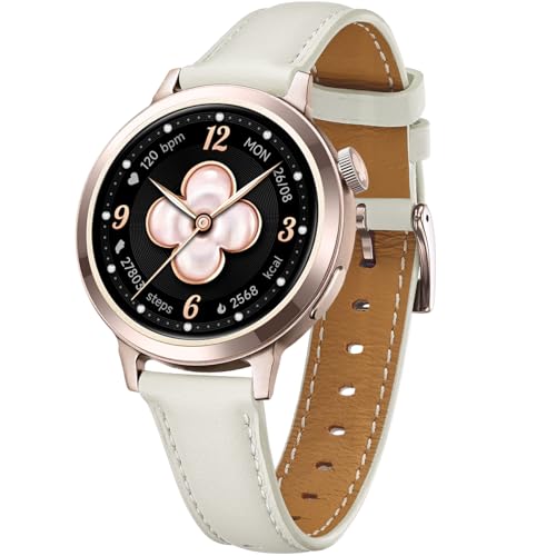 FANY Smart Watch for Women, 1.1'' AMOLED Ultra-Clear Display with Aluminum Case & Leather Band, Fitness Tracker with Sleep/Heart Rate/SpO2/ Breathing/Step Monitor, 110+ Exercise Modes for Android/iOS - image 1