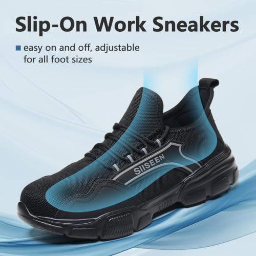 Image of Hogent Steel Toe Shoes for Men Women, Puncture Resistant Work Shoes, Lightweight Breathable Slip On Safety Sneakers Ideal for Construction Warehouse Manufacturing