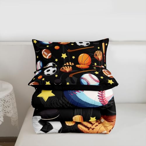 Image of Feelyou Soccer Basketball Comforter Set Queen Size Football Baseball Hockey Bedding Set for Kids Boys Girls Gaming Sports Black Duvet Quilt Bedroom Decor Microfiber 3 Pcs with 2 Pillow Cases