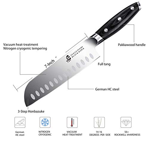 Image of Santoku Chef Knife - TUO 7 inch Kitchen Knives Ultra Sharp Asian Knife Japanese Chefs Knives - German HC Steel - Full Tang Pakkawood Handle - BLACK HAWK SERIES