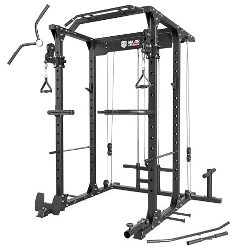 MAJOR FITNESS PLM03 All in one Power Rack - 1400 lbs Multi-Function Home Gym System with Cable Crossover, Adjustable Pull-Up Bar, 360° Landmine (PLM03 BK)