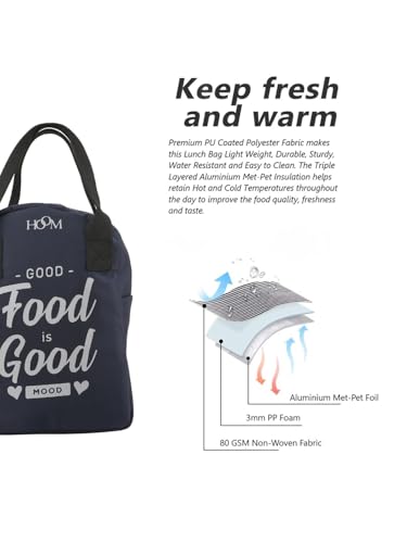 Image of HOOM Insulated Lunch Bag for Office Men, Women and Kids, Leak Proof Water Resistant Polyester Made Lunch Tiffin Bag with Quotes (Blue Good Food is Good Mood)