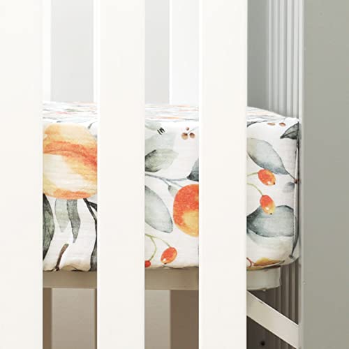 Image of GRSSDER Soft Muslin Crib Sheet 1 Pack, 100% Cotton Crib Sheets for Boys and Girls, Fit Standard Crib Mattresses 52 inch x 28 inch Safe and Snug, Stylish Cute Fruit Print