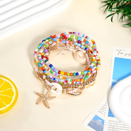 Image of 7 Pack Boho Beaded Shell Anklet Bracelets for Women Colorful Stretch Cowrie Seashell Starfish Ankle Bracelet Stack Adjustable Summer Beach Accessories Cute Hawaiian Jewelry