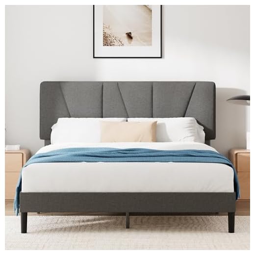 ZINUS Maya Double Bed Frame – Bed 135 x 190 cm – 30cm Height – Upholstered platform bed frame with Headboard – Wooden slat support – Dark grey