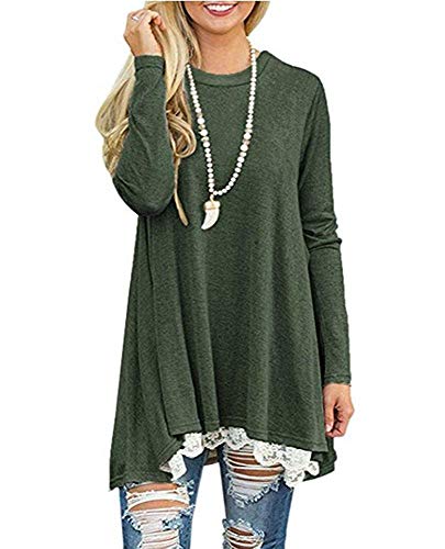 Women's Crew Neck Long Sleeve Lace Splicing Swing Shirt Dresses Long Tunic Blouses Shirts for Leggings (L,Green)