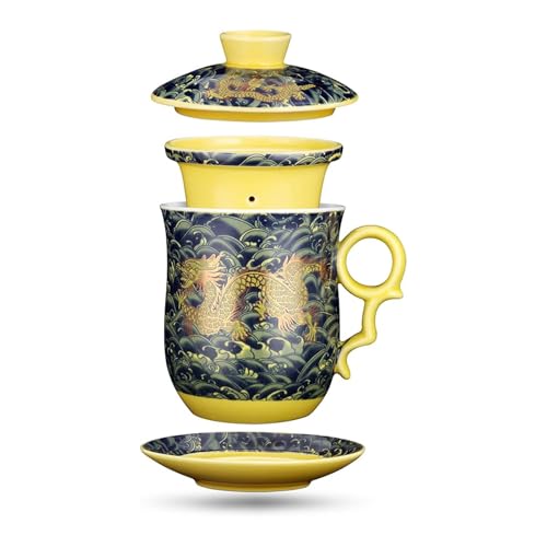YURROAD Taza de té chino de 400 ml con infusor, tapa y colador, cerámica patrón de dragón, regalo del día del padre, verde oscuro TC400