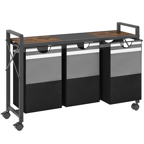 FAVOOSTY Laundry Sorter with Shelf,Laundry Basket Organizer,Laundry Hamper with Shelf, 3 ×11 Gal（50L）3 Section Laundry Sorter with Pull-Out Removable Oxford Fabric Bags and Movable Wheels Grey Black