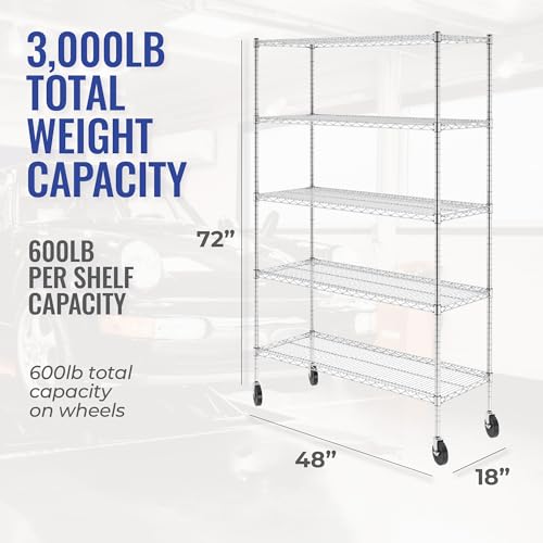 SafeRacks NSF Certified Storage Shelves, Heavy Duty Steel Wire Shelving Unit with Wheels and Adjustable Feet, Used as Pantry Shelf, Garage or Bakers Rack Kitchen Shelving - (18"x48"x72" 5-Tier)