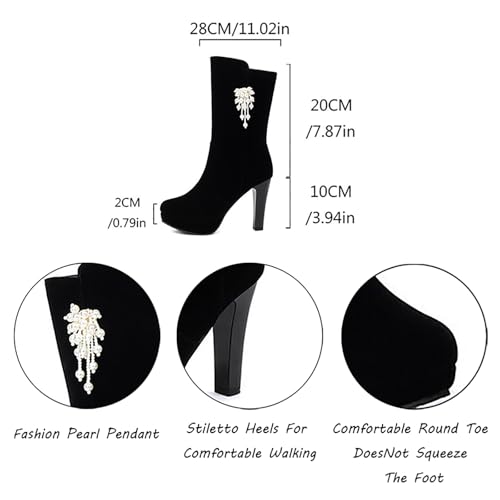 Women'S Suede Pearl Pendant Platform Stiletto Heel Ankle Boots Autumn Winter Fashion Side Zipper High Heel Dress Short Booties Sexy Round Toe Heel Mid Calf Boots3