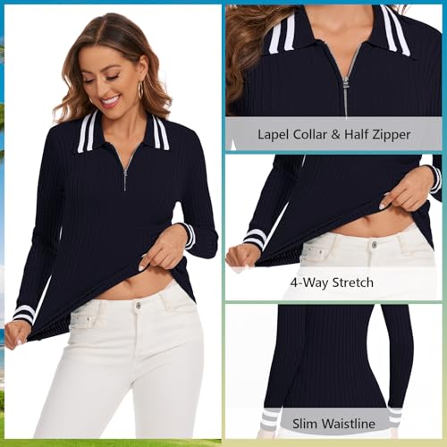 Soneven Womens Quarter Zip Sweaters Color Block Lapel Pullover Sweater Slim Fit Ribbed Knit Sweater Tops2