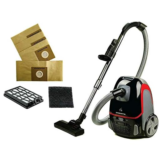 Ovente Electric Bagged Lightweight Canister Vacuum Cleaner with 3 Cleaning Tools for Hard Floor Carpet, Easy Clean & Storage, Bonus of Pack of 4 Dust Bags and 1 HEPA Filter, Black ST1600B + ACPST16041