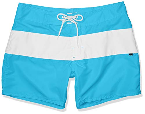 Sauvage Men's Fixed Waist Positano Italian Striped Swim Trunk, Turquoise, 34
