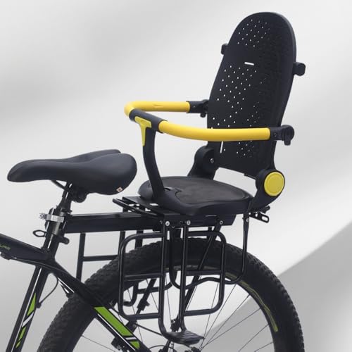 YQW 子供用自転車シート 高炭素鋼素材 折りたたみ式 背もたれ調整可能 キッズ 幼児用 自転車 マウンテンバイク 安全キャリアクッション 足置き場付き 後部座席 耐荷重約100kg 軽量 取り付けが簡単 6ヶ月-4歳子供に適用 (ブラック,A)