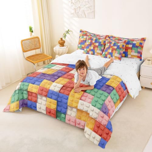 Image of Feelyou Building Block Print 7 Piece Bedding Set Full Size Kids Brick Styles Comforter Set with Sheets for Boys Teens Colorful Gaming Bed in a Bag Green Red Yellow Blue Room Decor