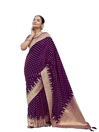 Image of MANOHARI Women's Trendy Banarasi Satin Silk Woven Saree with Heavy Jacquard Work, Elegant Design, Silk Saree with Maching Lace Border Unstitched Blouse Piece for Weddings & Festive Occasions