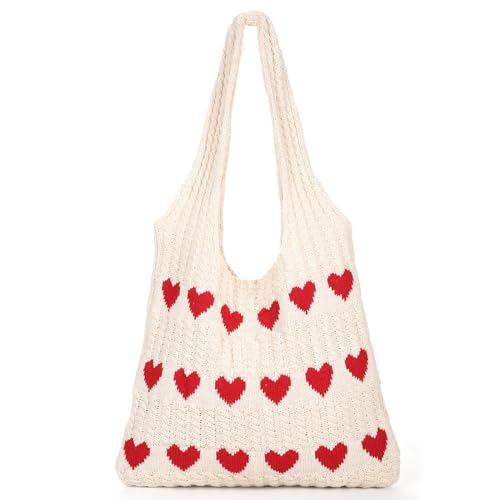JasGood Strandtasche Damen Gestrickte Tasche Beach Tote Bag Sommer Boho Strick Shopper Tasche mit Cute Herzmuster Umhängetasche Schultertasche für Frauen Beige mit Rotes Herz