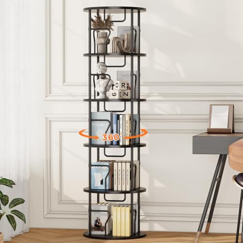 VYRIVA 5 Tier Rotating Bookshelf Tower 360 Display Round Bookcase Floor Standing Corner Revolving Bookshelf Organizer Storage Rack for Small Spaces Home Study Office
