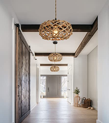 AMZASA Boho Pendant Light Rustic Hand-Woven Hemp Rope Cage Basket Rattan Hanging Lamp Wicker Coastal Retro Light Fixtures for Hallway Entryway Kitchen Island Dining Room - Image 7